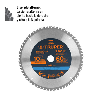 Disco sierra 10' para madera, 60 dientes centro 1', Truper ST-1060E 18308 MM00