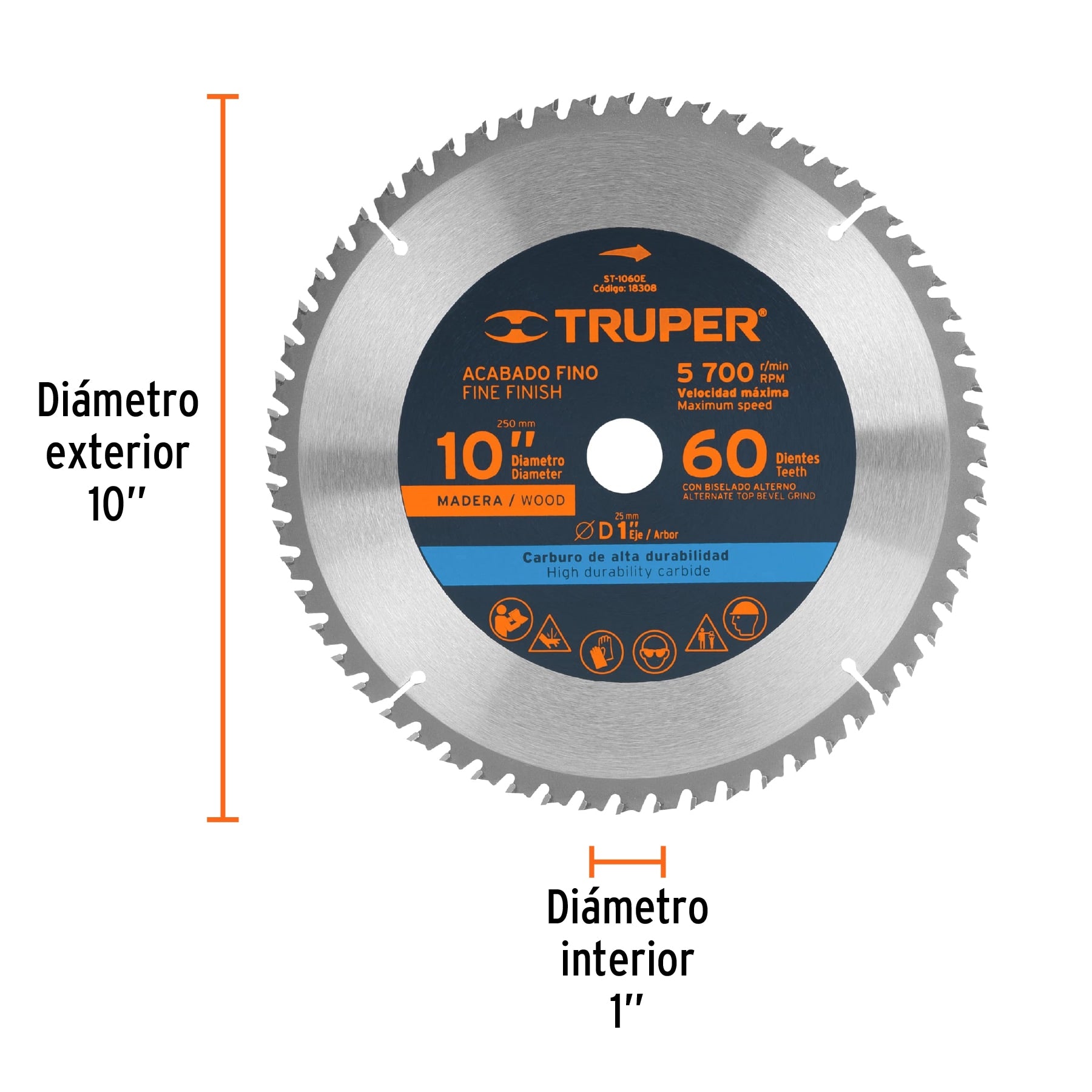 Disco sierra 10' para madera, 60 dientes centro 1', Truper ST-1060E 18308 MM00