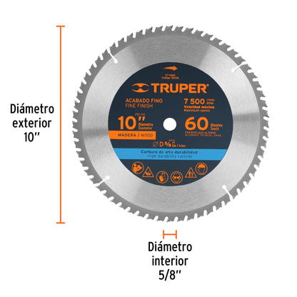 Disco sierra 10' para madera, 60 dientes centro 5/8', Truper ST-1060 18306 MM00