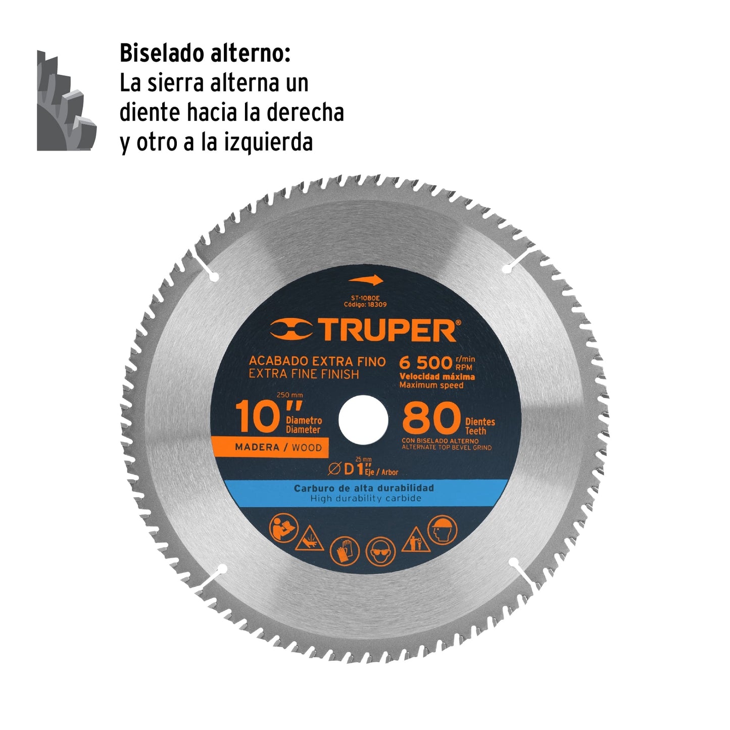 Disco sierra 10' para madera, 80 dientes centro 1', Truper ST-1080E 18309 MM00