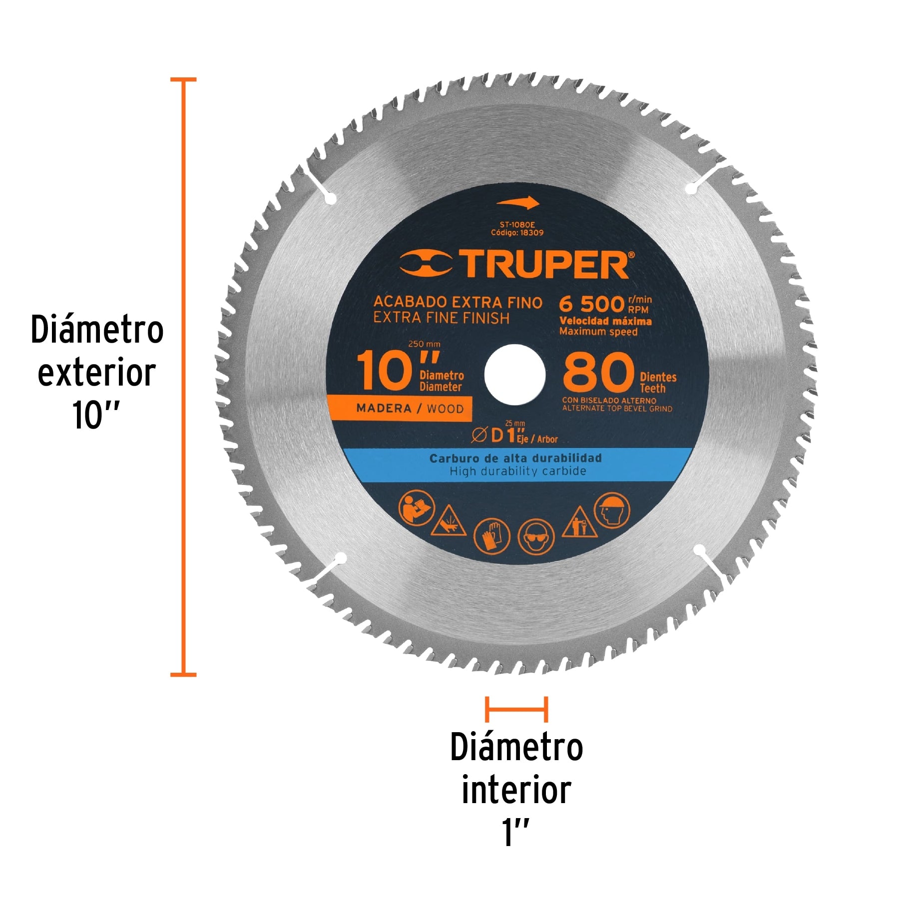 Disco sierra 10' para madera, 80 dientes centro 1', Truper ST-1080E 18309 MM00