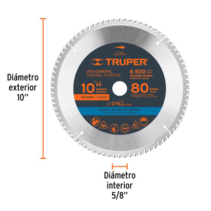 Disco sierra 10' para madera, 80 dientes centro 5/8', Truper ST-1080 12683 MM00