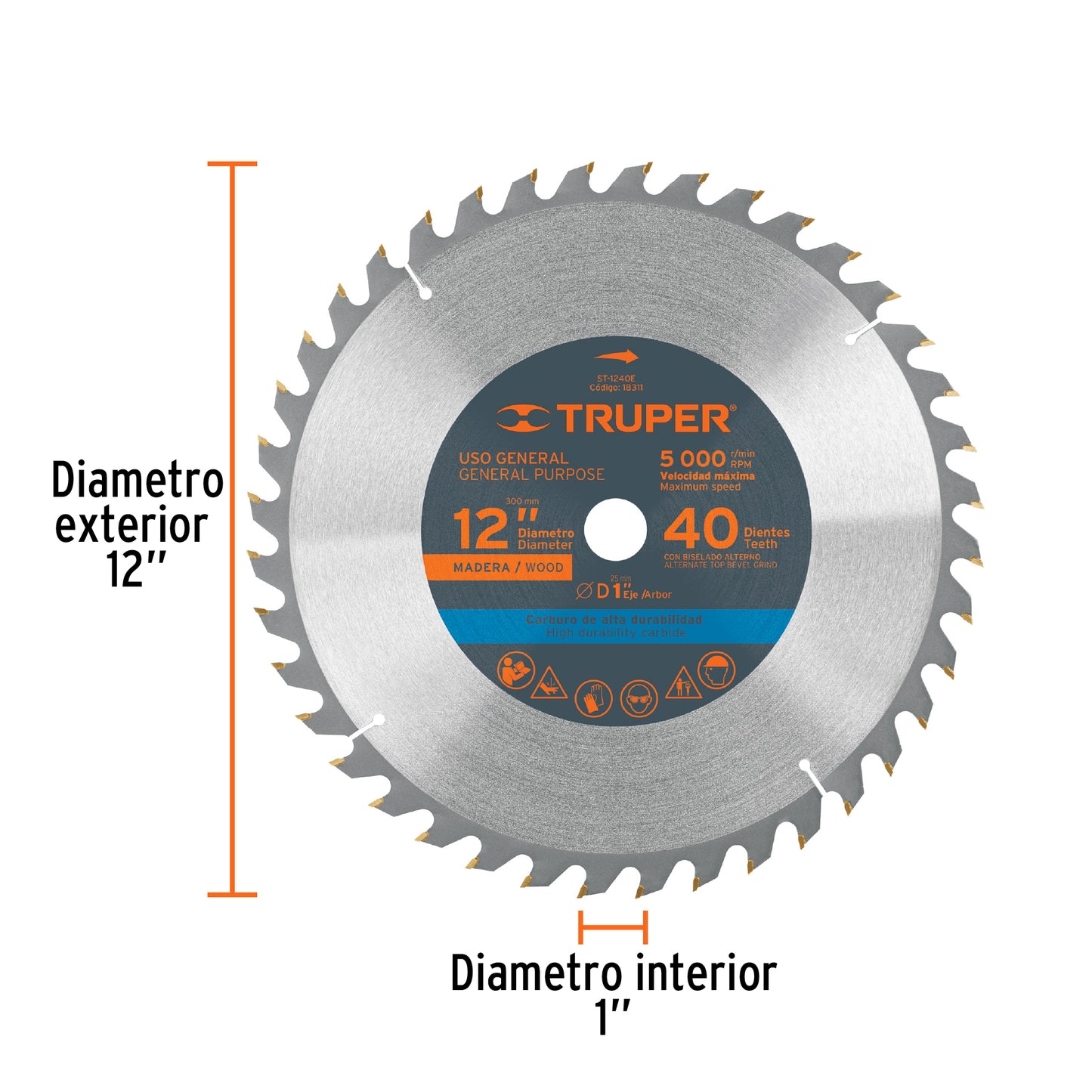 Disco sierra 12' para madera, 40 dientes centro 1', Truper ST-1240E 18311 MM00