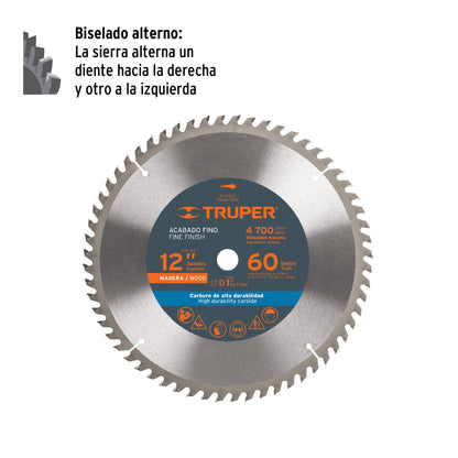 Disco sierra 12' para madera, 60 dientes centro 1', Truper ST-1260E 18312 MM00