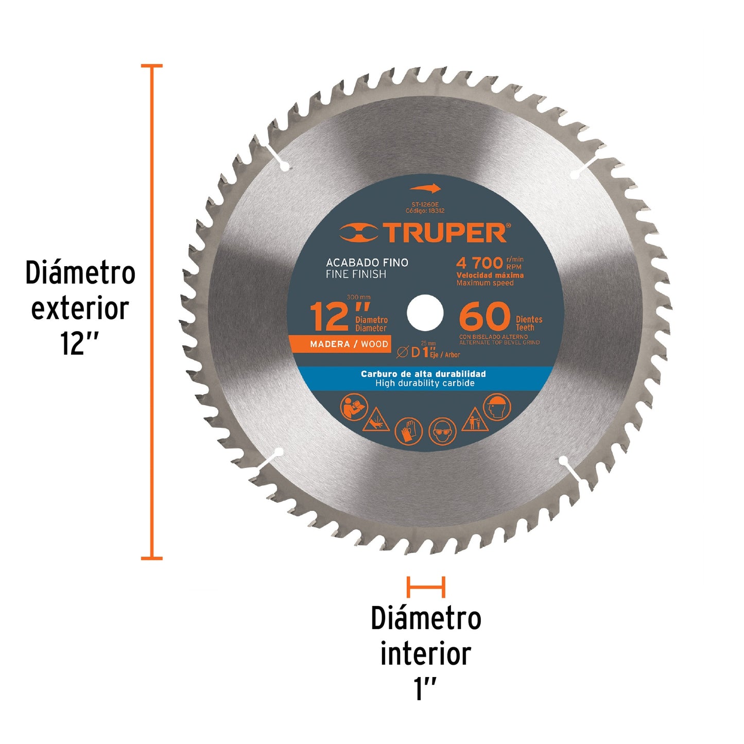 Disco sierra 12' para madera, 60 dientes centro 1', Truper ST-1260E 18312 MM00