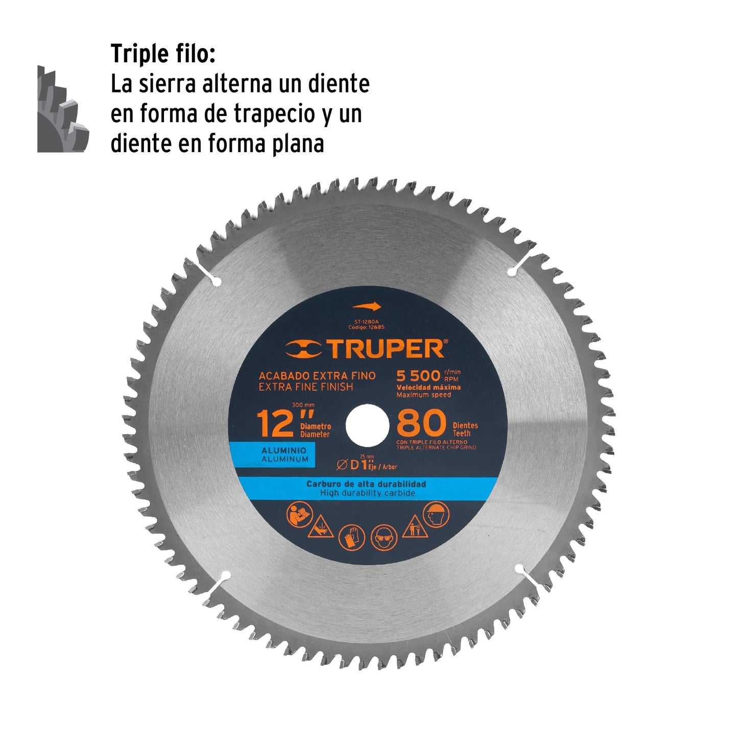 Disco sierra 12' para aluminio, 80 dientes centro 1', Truper ST-1280A 12685 MM00