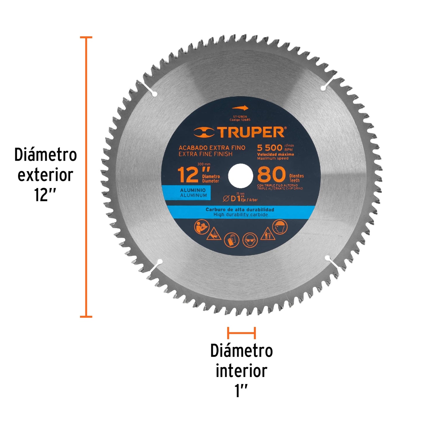 Disco sierra 12' para aluminio, 80 dientes centro 1', Truper ST-1280A 12685 MM00