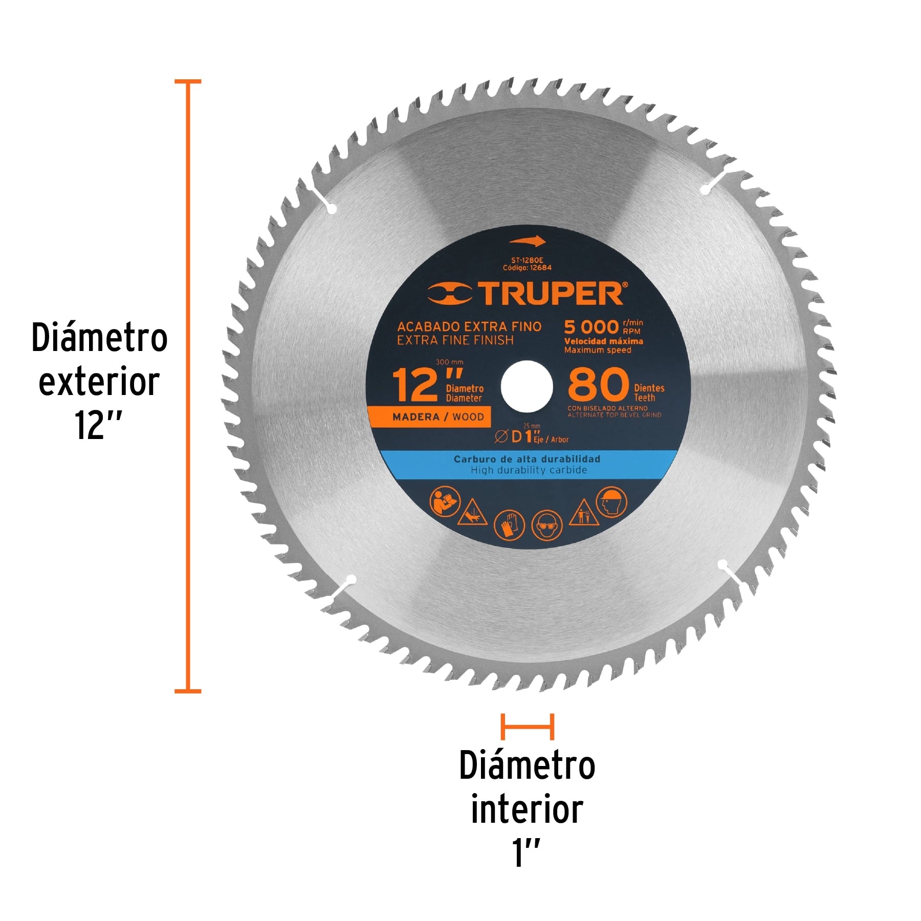 Disco sierra 12' para madera, 80 dientes centro 1', Truper ST-1280E 12684 MM00