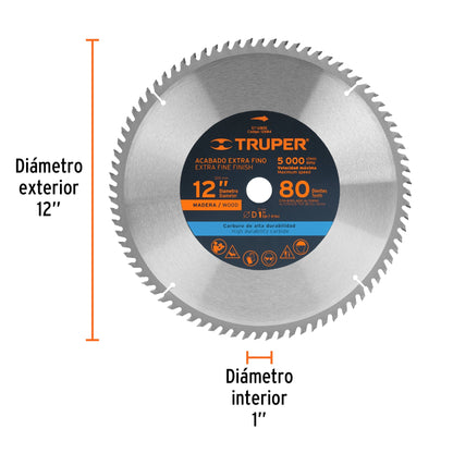 Disco sierra 12' para madera, 80 dientes centro 1', Truper ST-1280E 12684 MM00