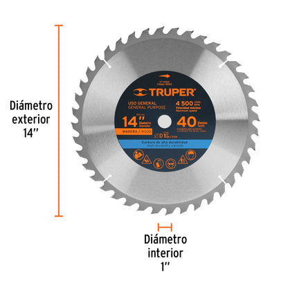 Disco sierra 14' para madera, 40 dientes centro 1', Truper ST-1440E 18322 MM00