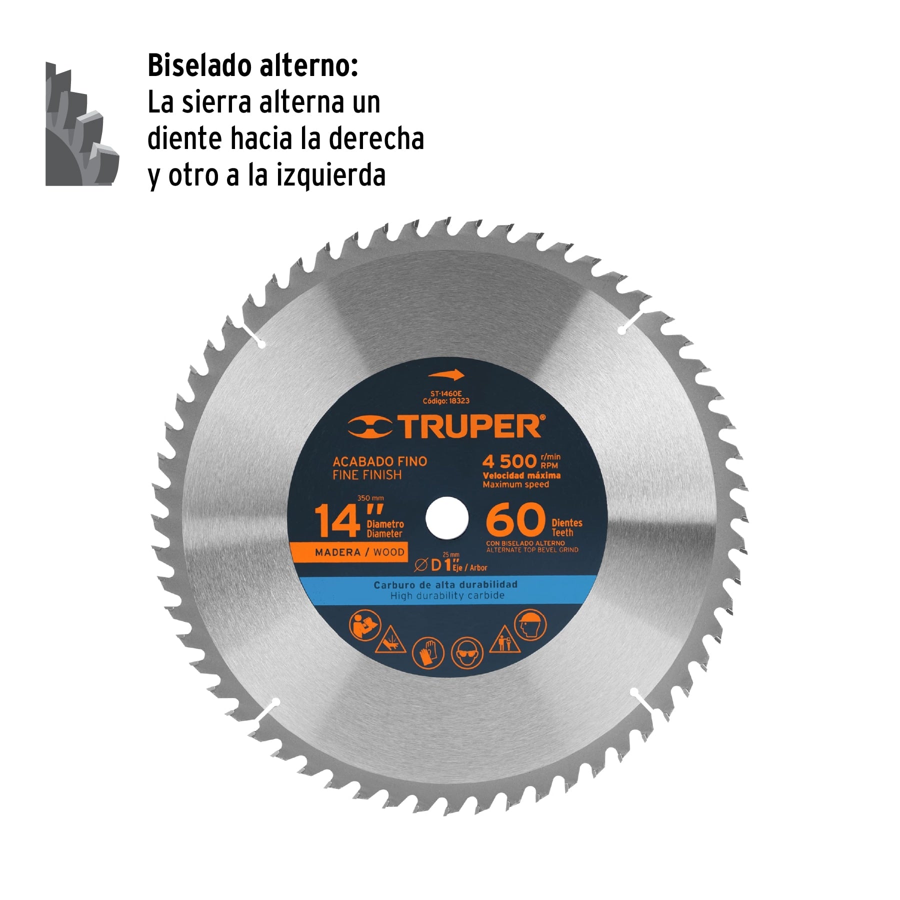 Disco sierra 14' para madera, 60 dientes centro 1', Truper ST-1460E 18323 MM00