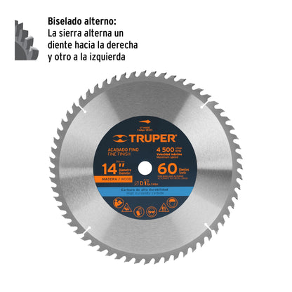 Disco sierra 14' para madera, 60 dientes centro 1', Truper ST-1460E 18323 MM00