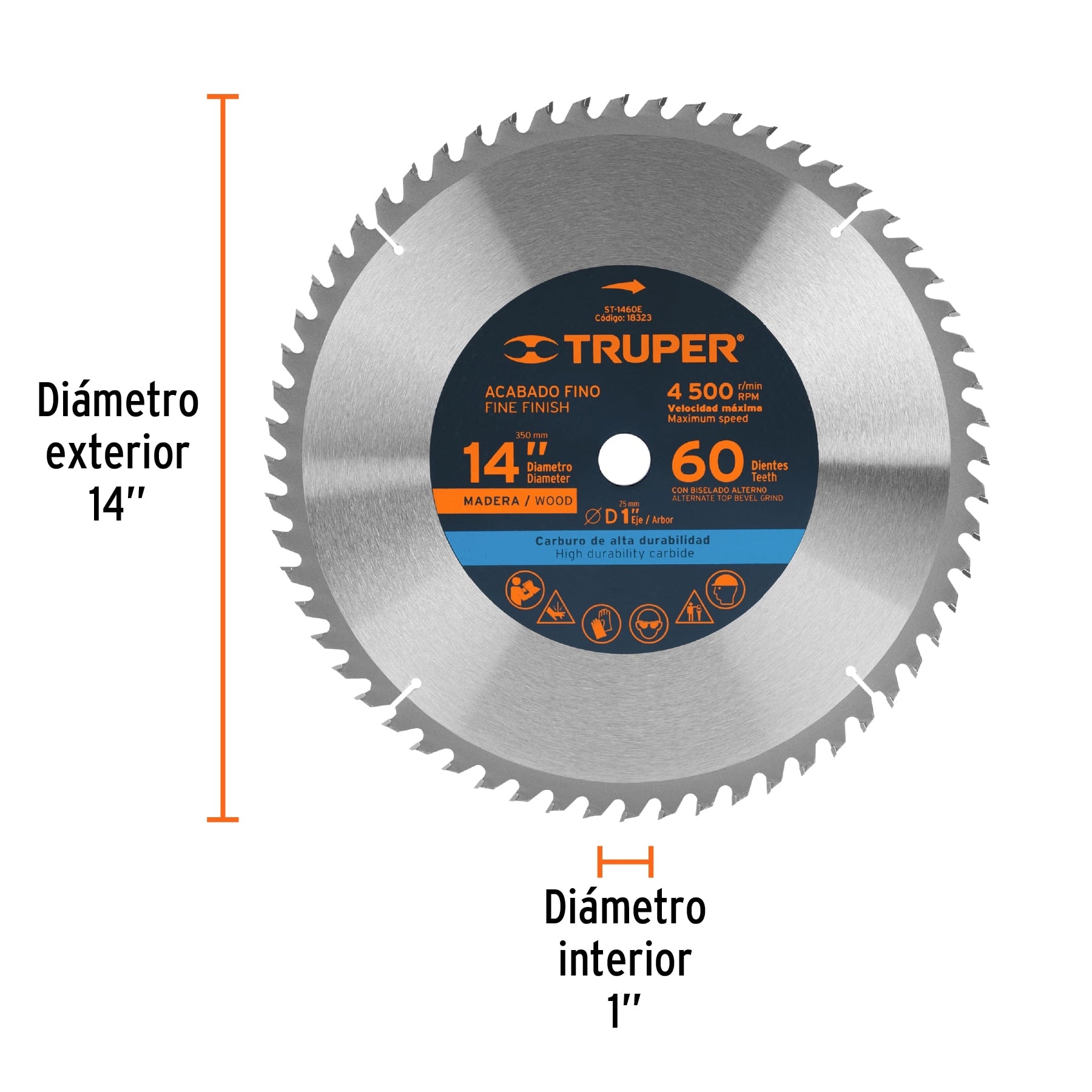 Disco sierra 14' para madera, 60 dientes centro 1', Truper ST-1460E 18323 MM00