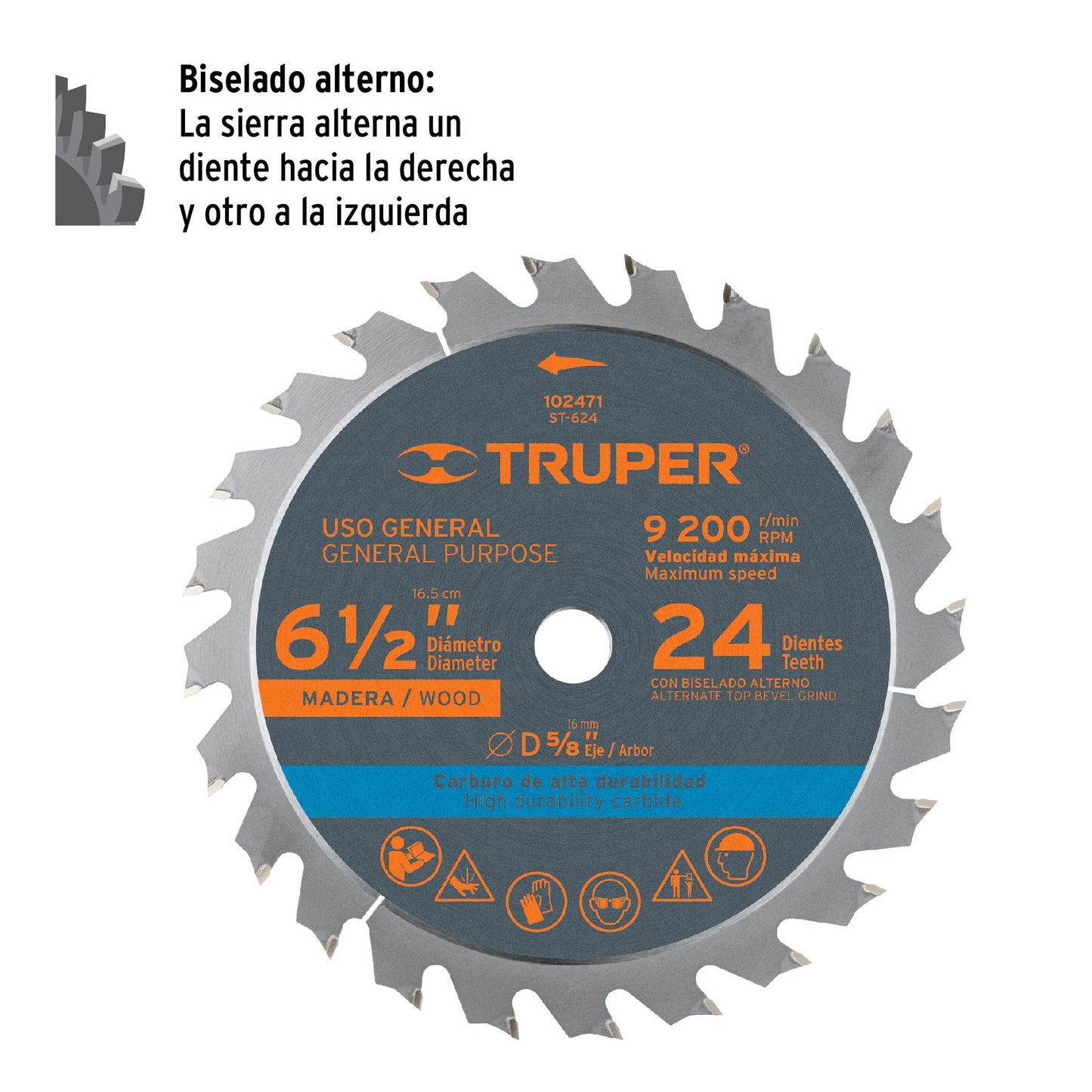 Disco sierra 6-1/2' p/madera, 24 dientes con centro 5/8' ST-624 102471 MM00