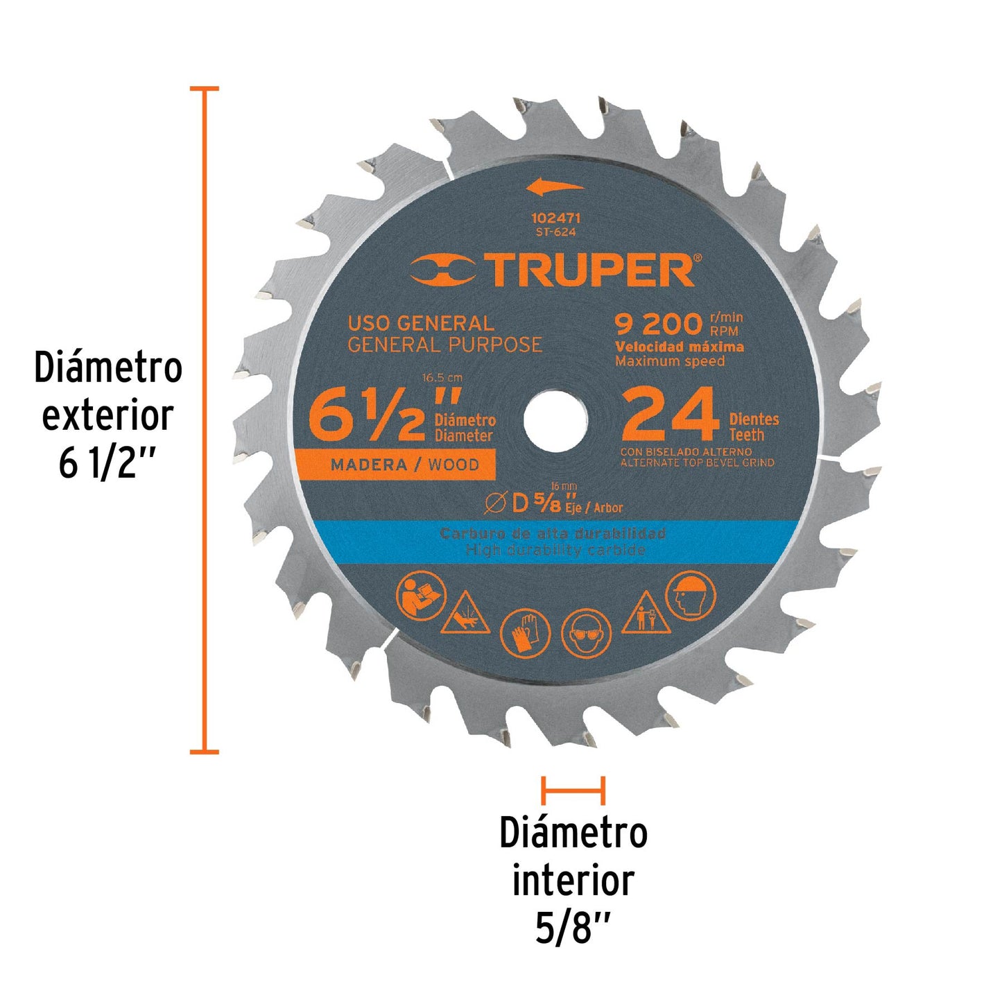 Disco sierra 6-1/2' p/madera, 24 dientes con centro 5/8' ST-624 102471 MM00