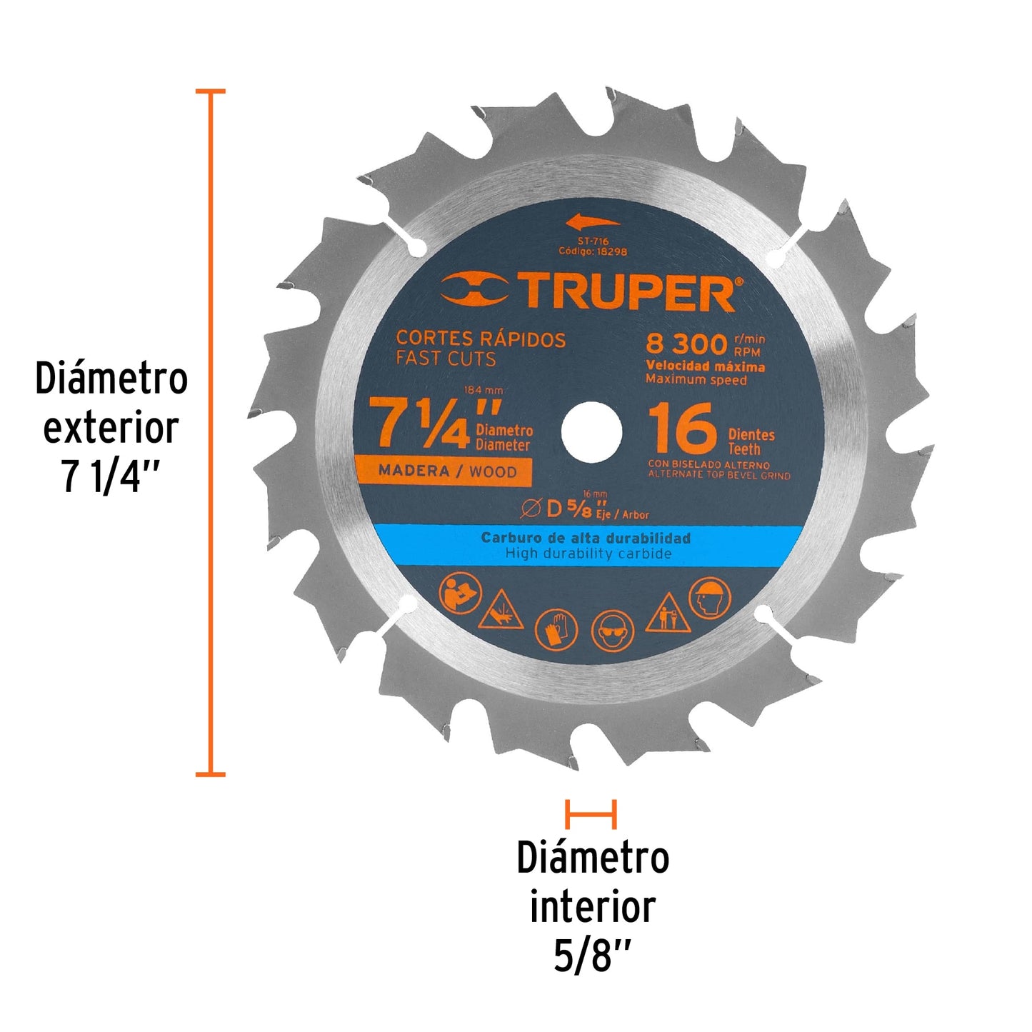 Disco sierra 7- 1/4' para madera, 16 dientes centro 5/8' ST-716 18298 MM00