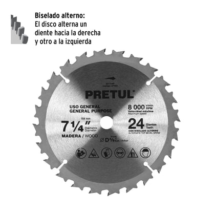 Disco sierra 7-1/4' p/madera, 24 dientes centro 5/8', Pretul ST-724P 27055 MM00