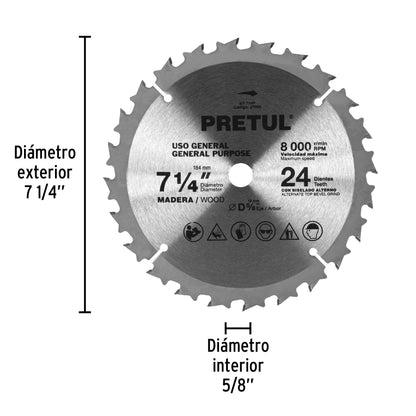 Disco sierra 7-1/4' p/madera, 24 dientes centro 5/8', Pretul ST-724P 27055 MM00