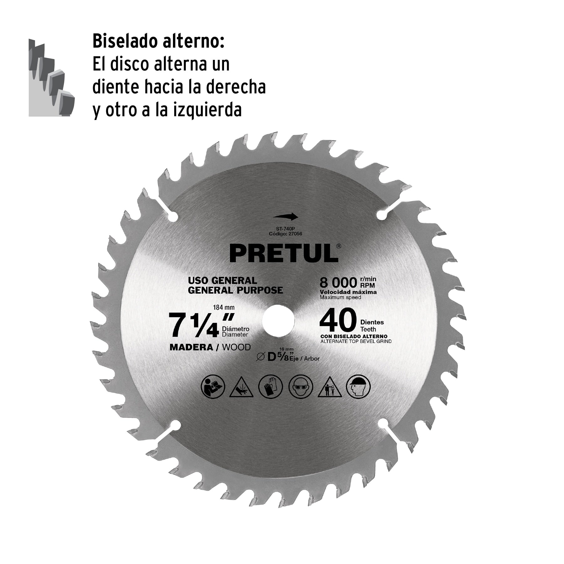 Disco sierra 7-1/4' p/madera, 40 dientes centro 5/8', Pretul ST-740P 27056 MM00