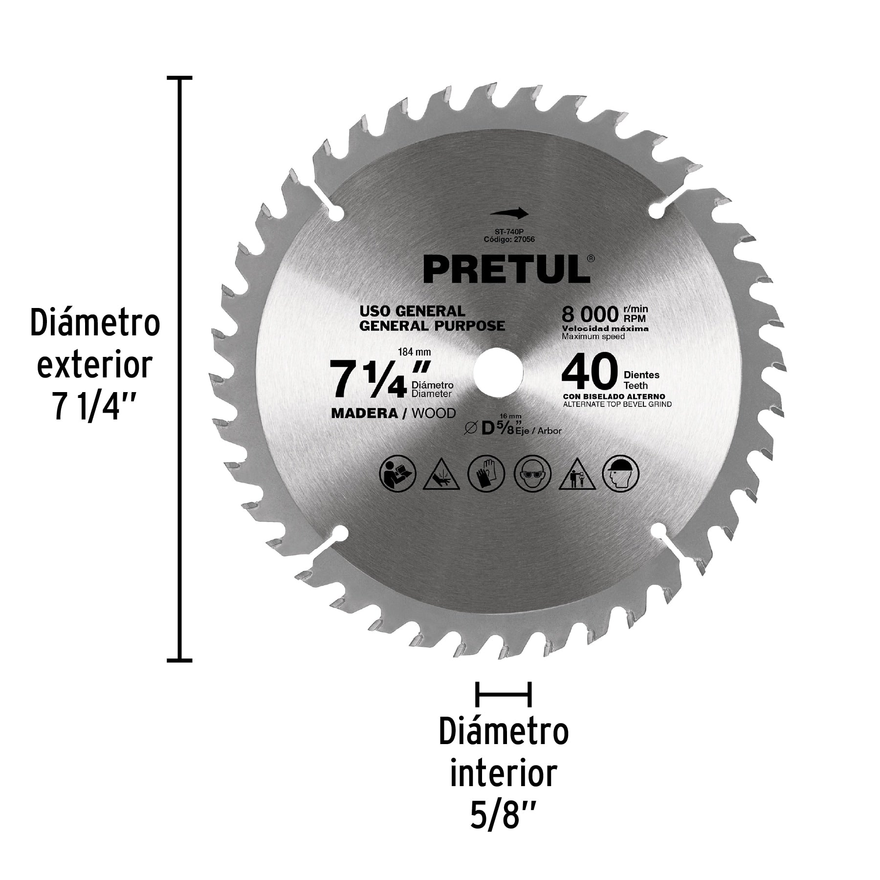 Disco sierra 7-1/4' p/madera, 40 dientes centro 5/8', Pretul ST-740P 27056 MM00