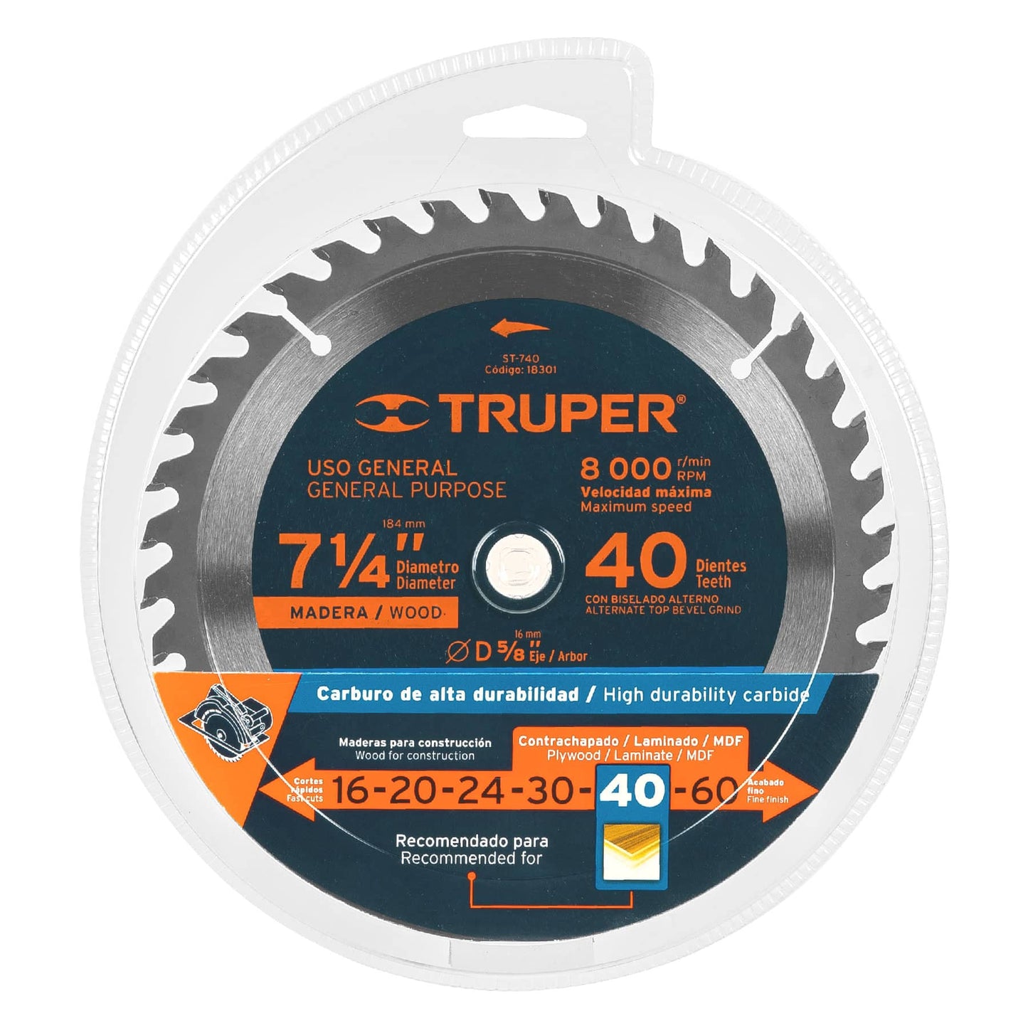 Disco sierra 7- 1/4' para madera, 40 dientes centro 5/8' ST-740 18301 MM00