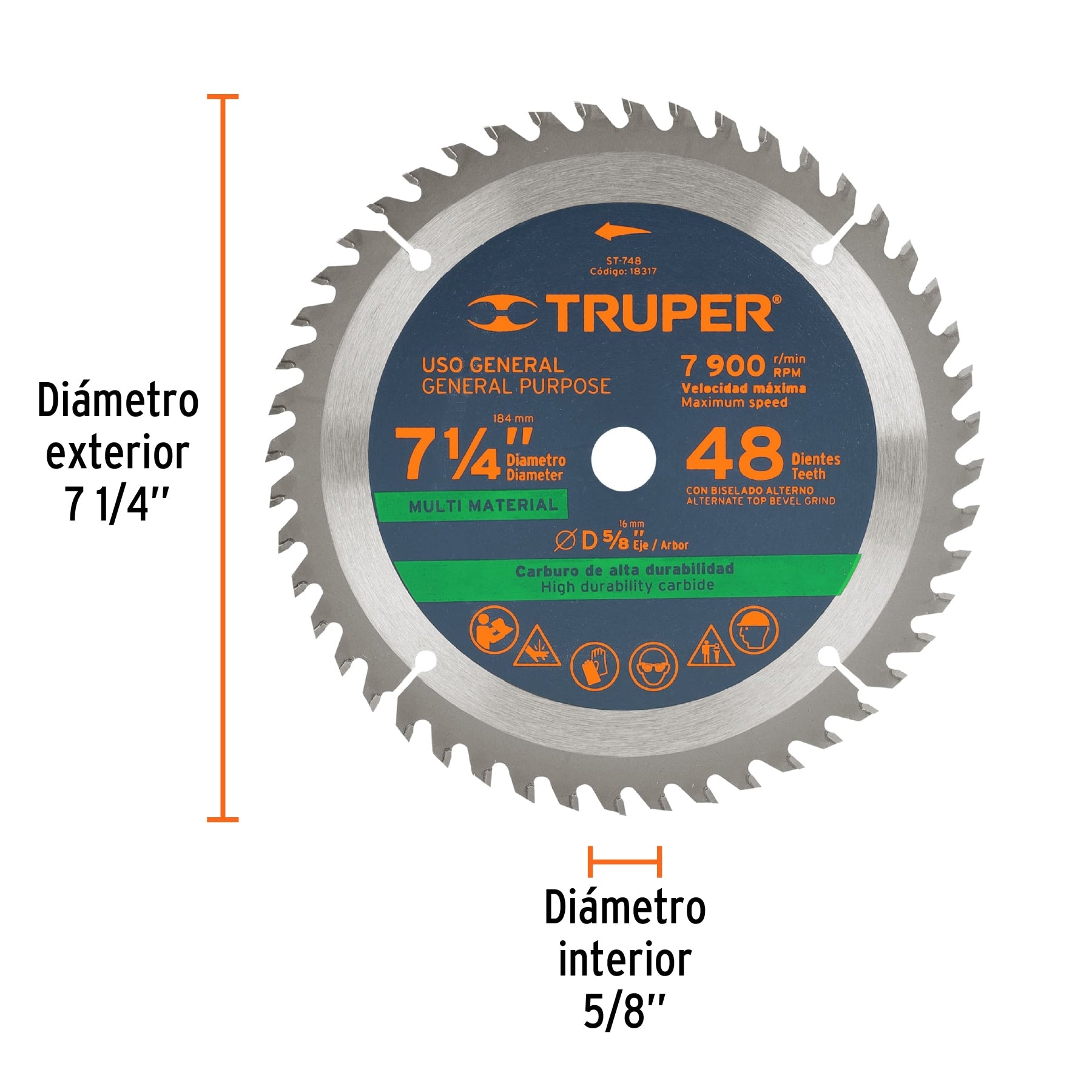 Disco sierra 7-1/4' multimaterial, 48 dientes centro 5/8' ST-748 18317 MM00