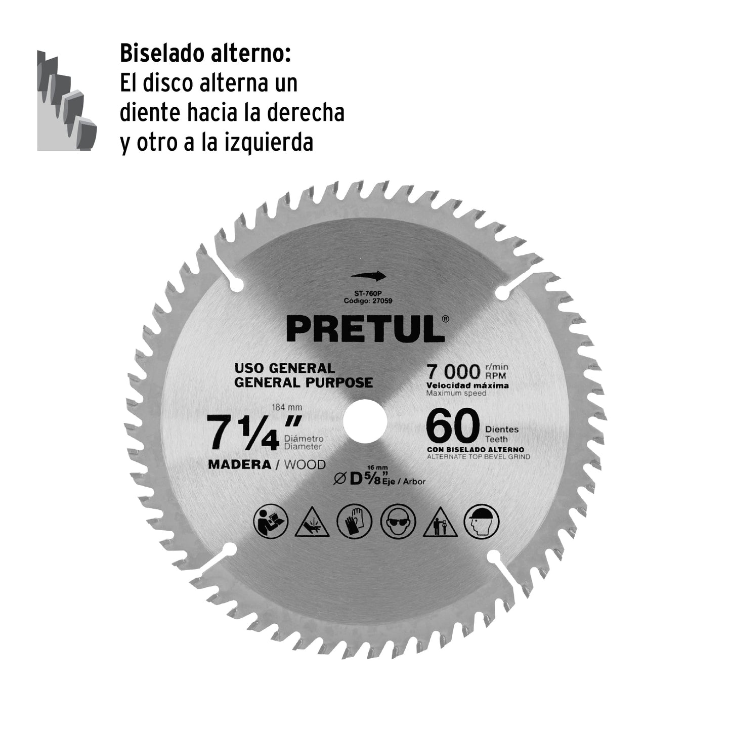 Disco sierra 7-1/4' p/madera, 60 dientes centro 5/8', Pretul ST-760P 27059 MM00