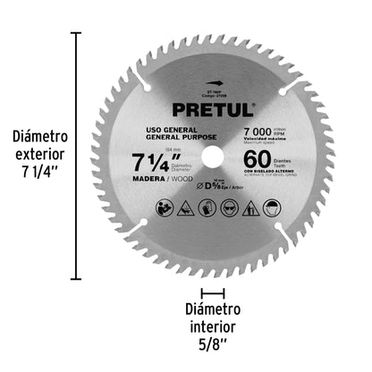 Disco sierra 7-1/4' p/madera, 60 dientes centro 5/8', Pretul ST-760P 27059 MM00