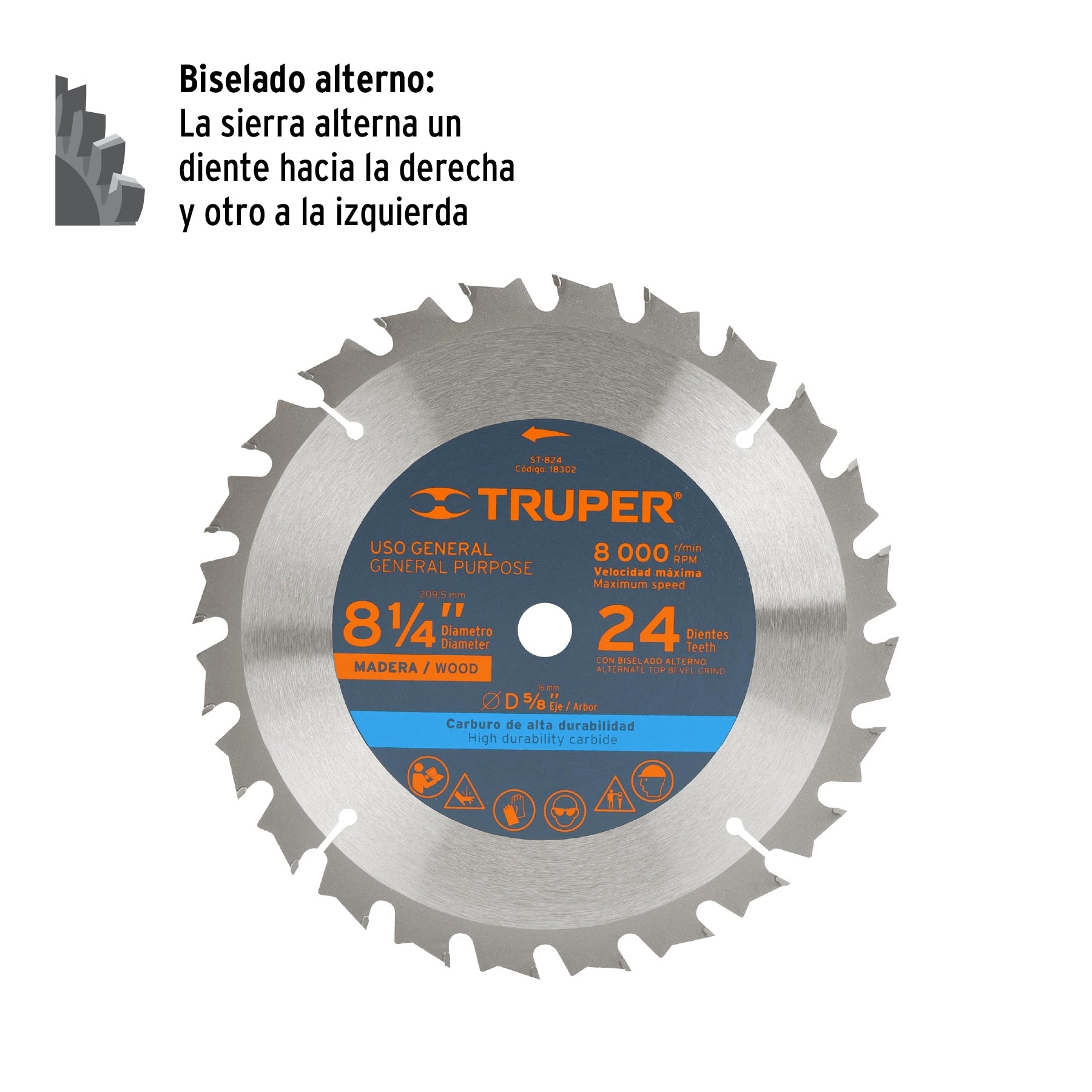 Disco sierra 8-1/4' para madera, 24 dientes centro 5/8' ST-824 18302 MM00