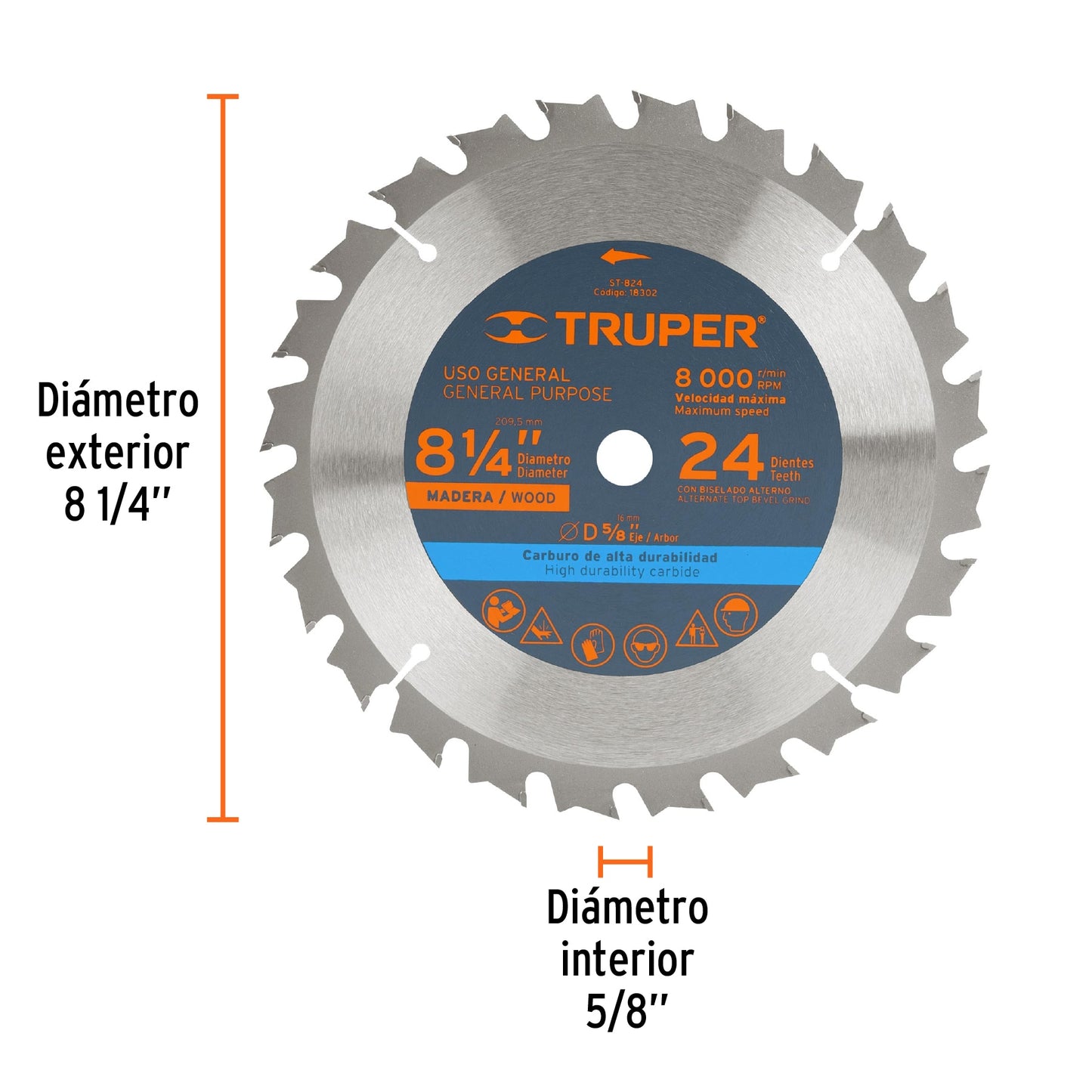 Disco sierra 8-1/4' para madera, 24 dientes centro 5/8' ST-824 18302 MM00