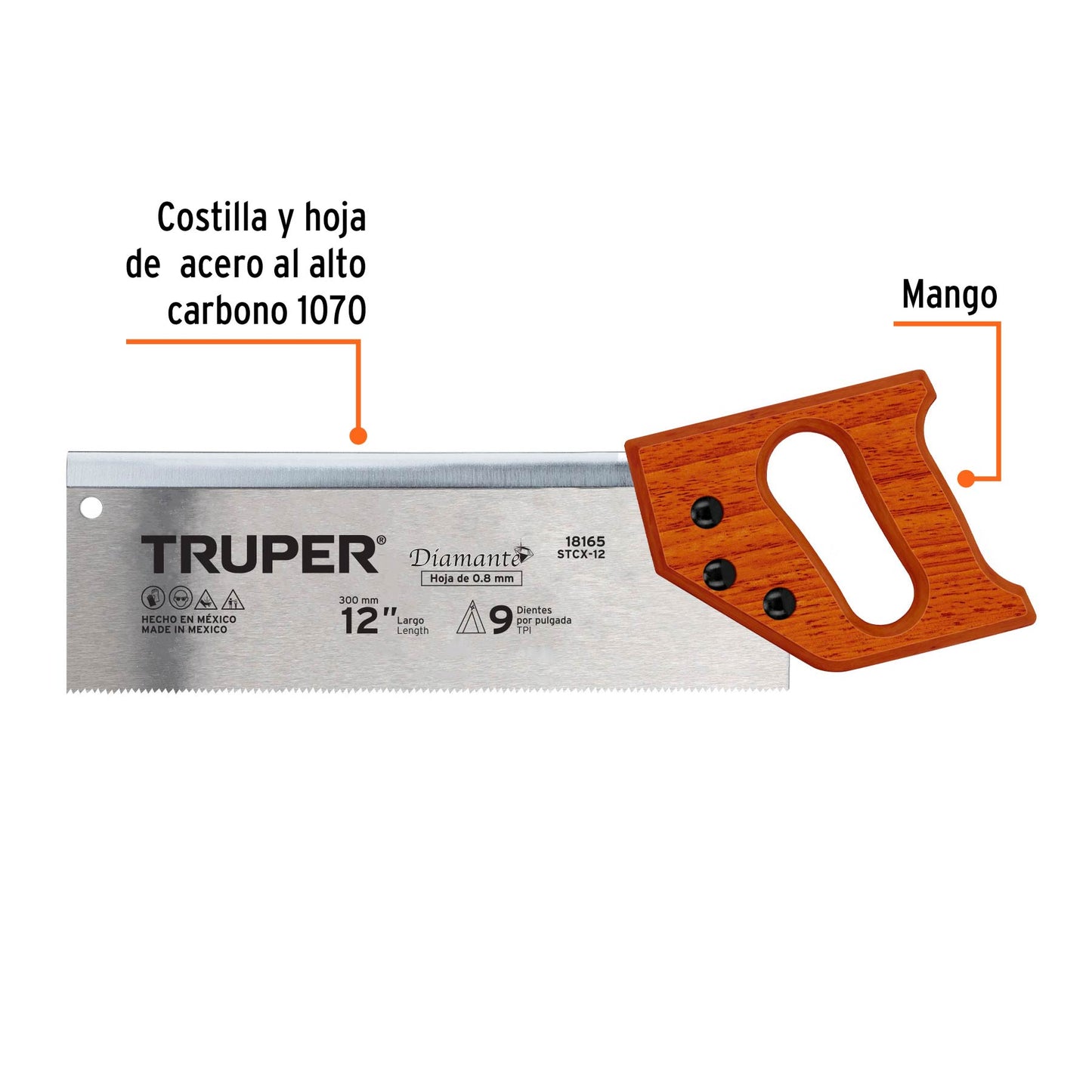 Serrucho de costilla 12' Diamante, 9 DPP, Truper STCX-12 18165 MM00