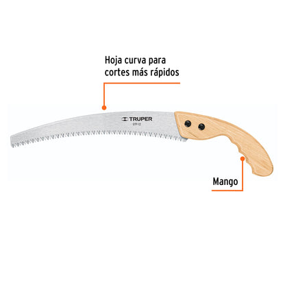 Serrucho de poda 12' hoja curva 6 DPP, mango madera, Truper STP-12 18171 MM00