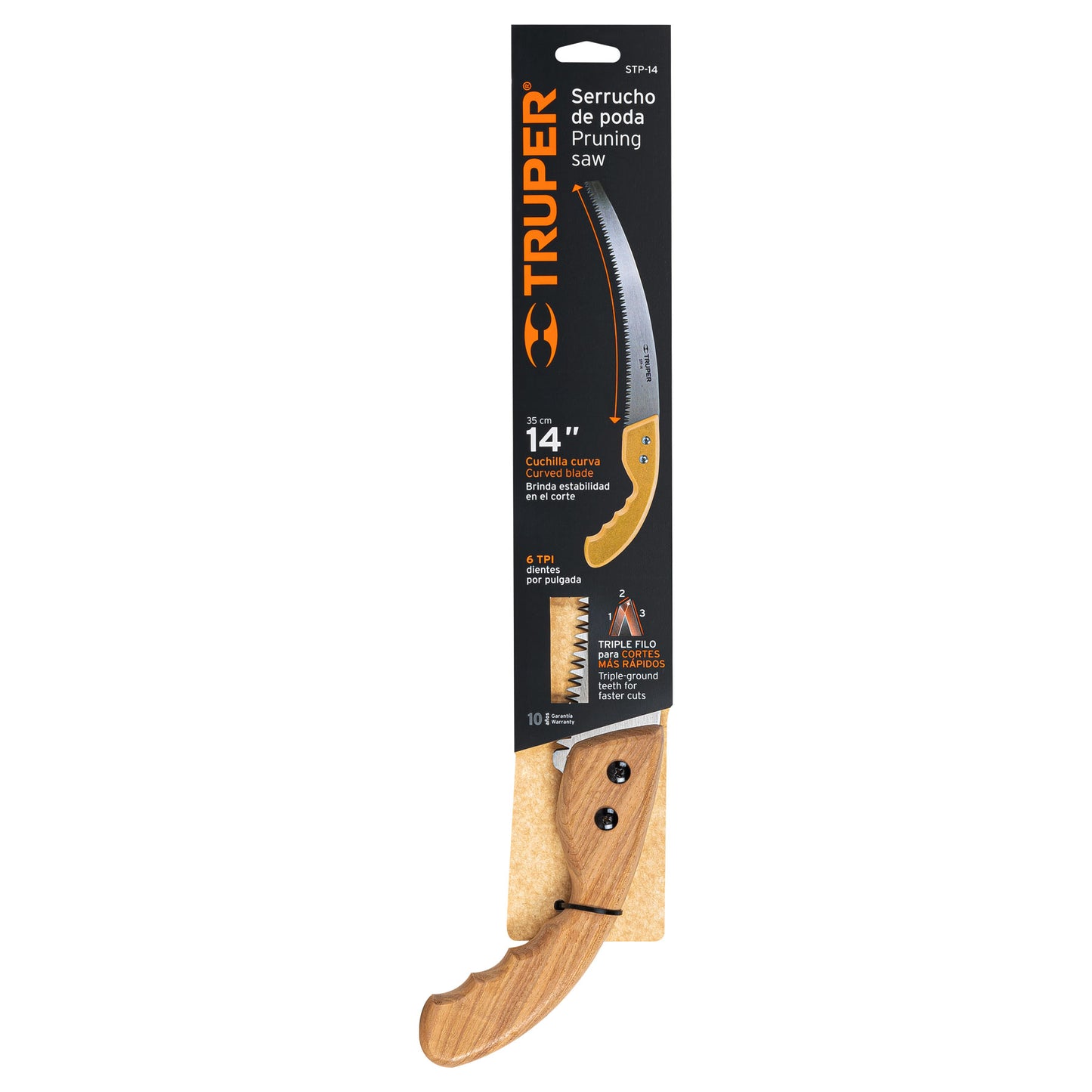 Serrucho de poda 14' hoja curva 6 DPP, mango madera, Truper STP-14 18172 MM00