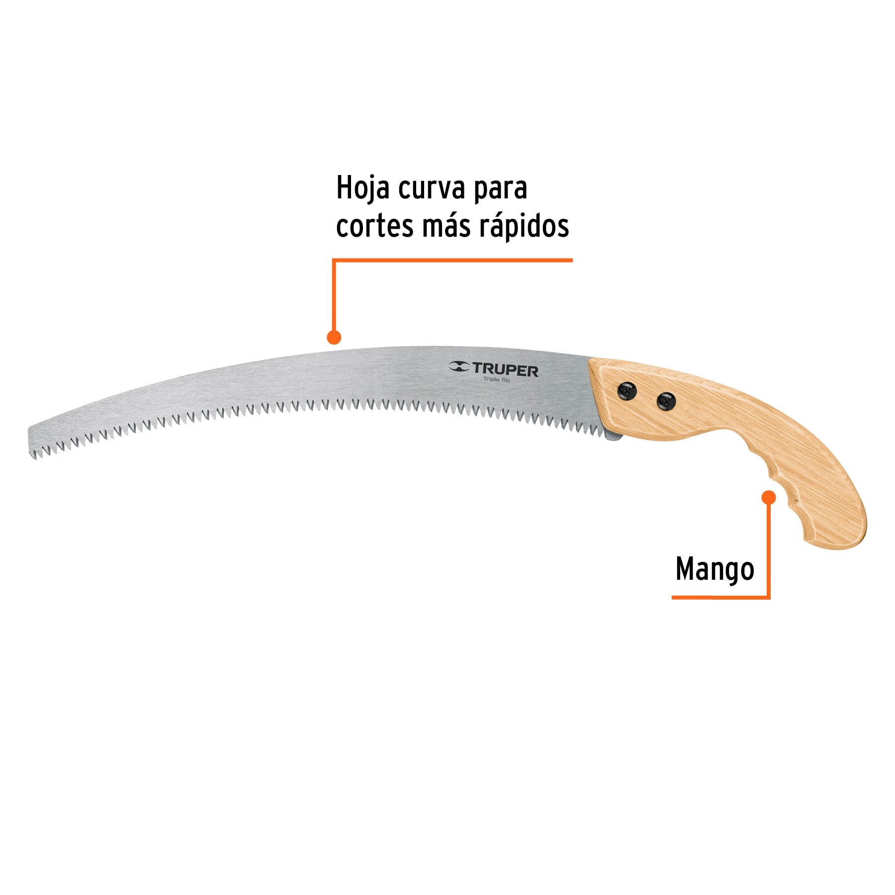 Serrucho de poda 14' hoja curva 6 DPP, mango madera, Truper STP-14 18172 MM00