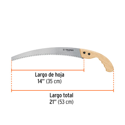 Serrucho de poda 14' hoja curva 6 DPP, mango madera, Truper STP-14 18172 MM00