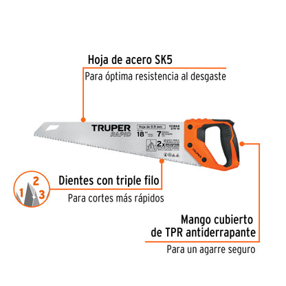 Serrucho Rapid 18', 7 DPP, mango Comfort grip, Truper STR-18 101868 MM00