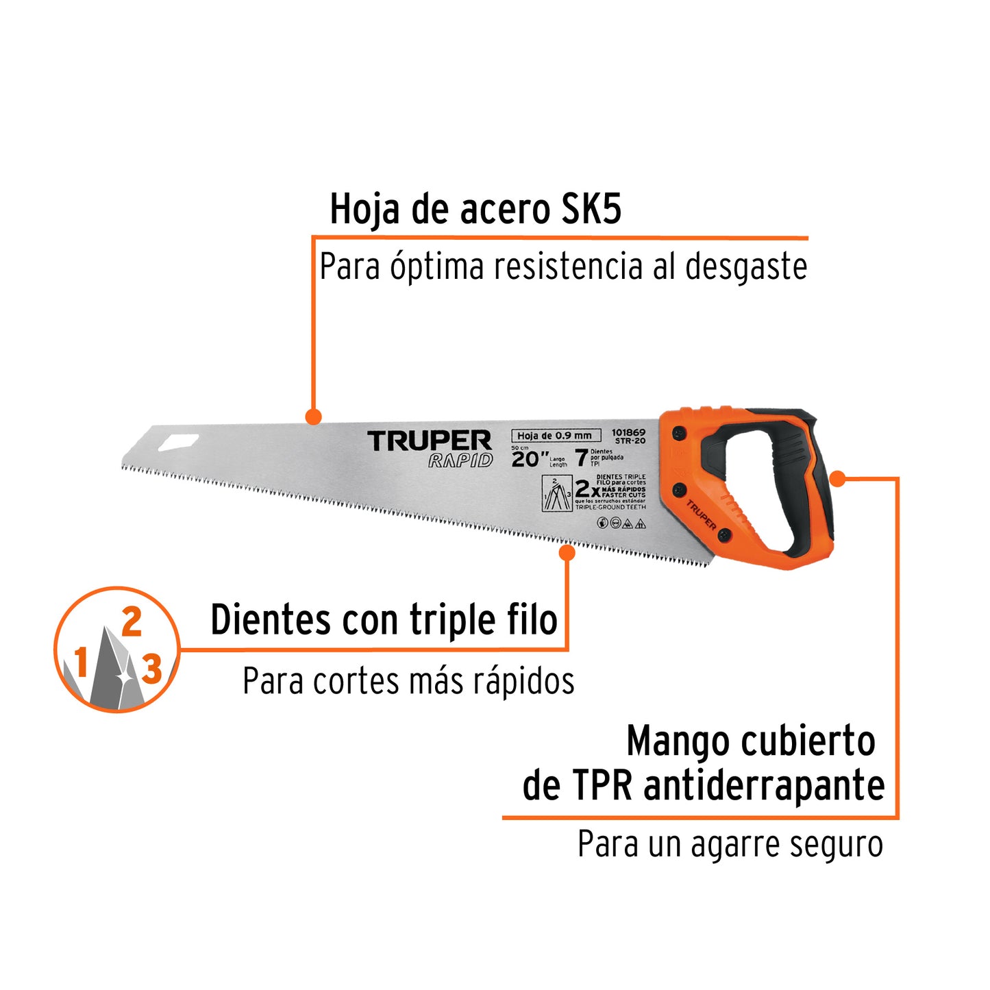 Serrucho Rapid 20', 7 DPP, mango Comfort grip, Truper STR-20 101869 MM00