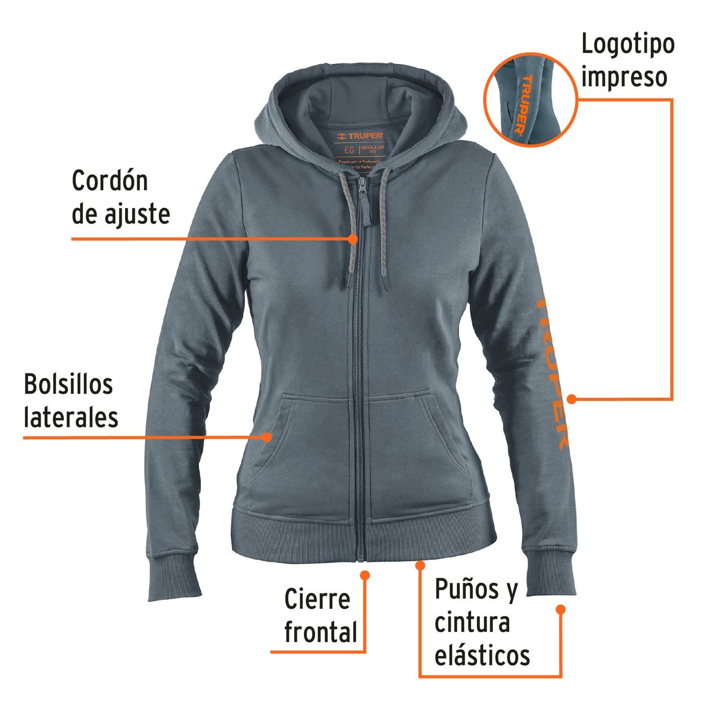 Sudadera gris para dama, talla EG, Truper SUD-GD-XG 65038 MM3