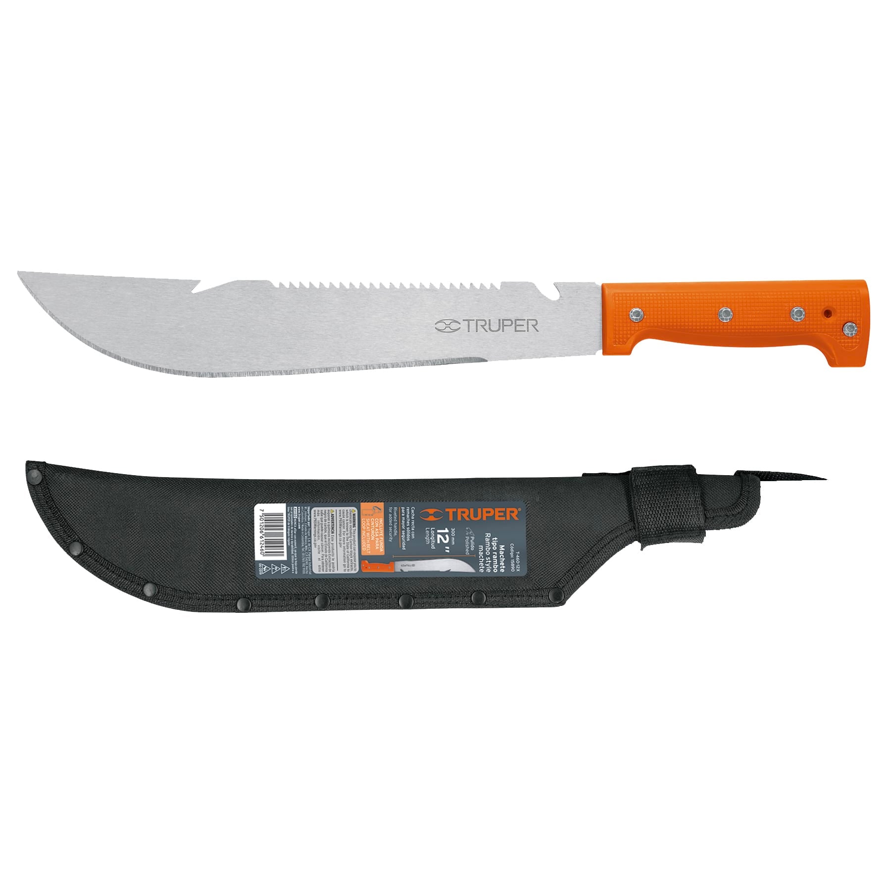 Machete rambo 12' cacha remachada naranja, con funda, Truper T-460-12X 15890 MM1