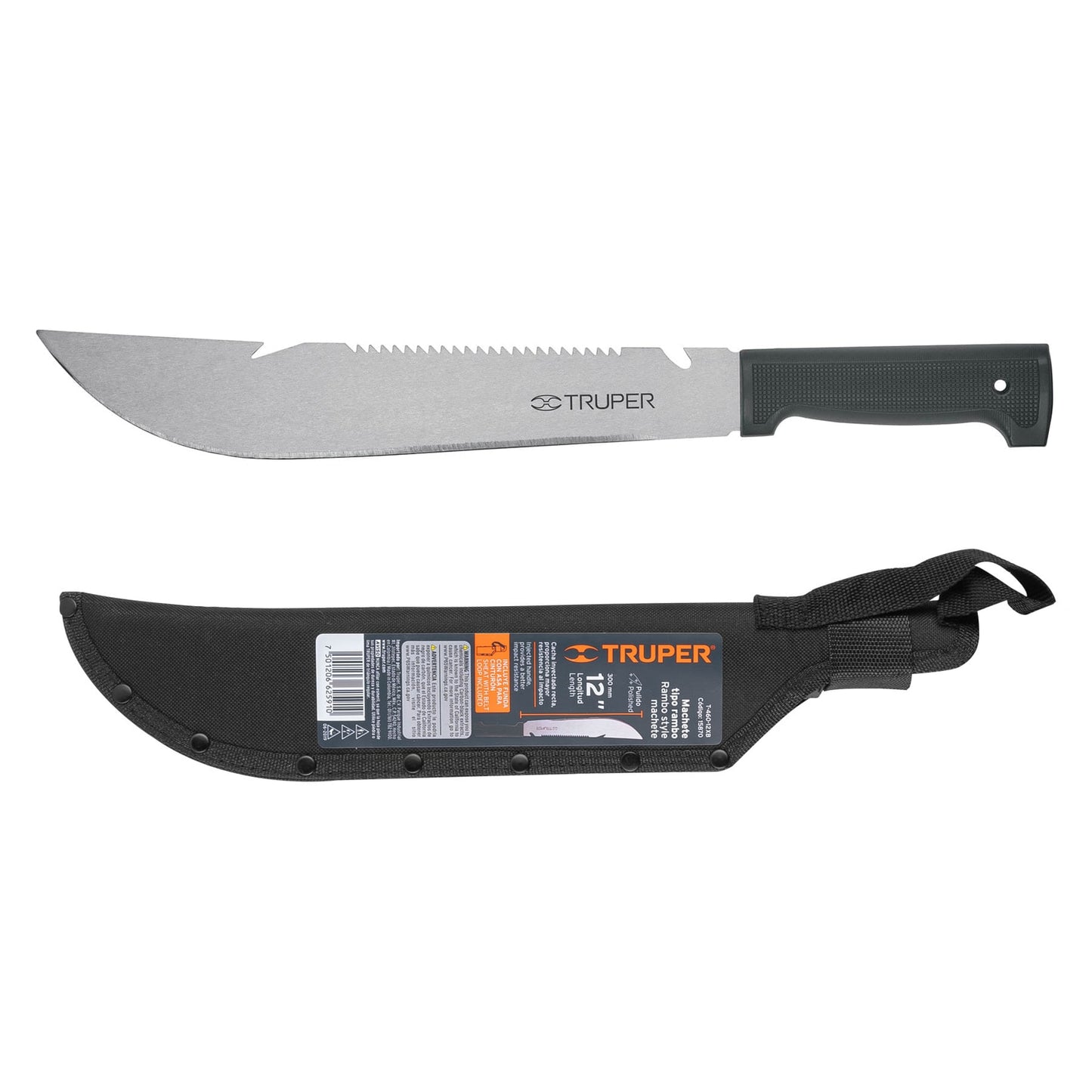 Machete rambo 12' cacha inyectada negra, con funda, Truper T-460-12XB 15870 MM1