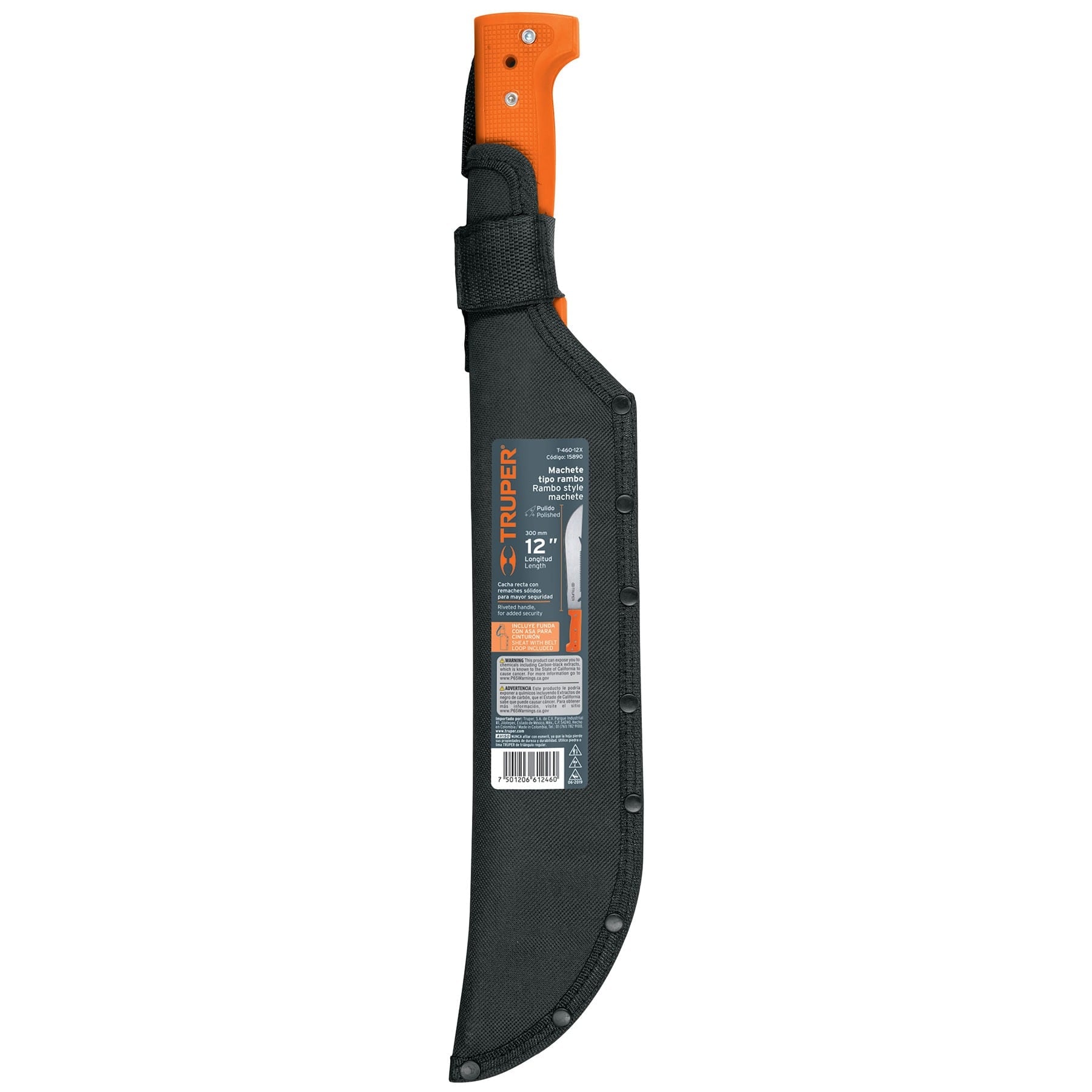 Machete rambo 12' cacha remachada naranja, con funda, Truper T-460-12X 15890 MM1