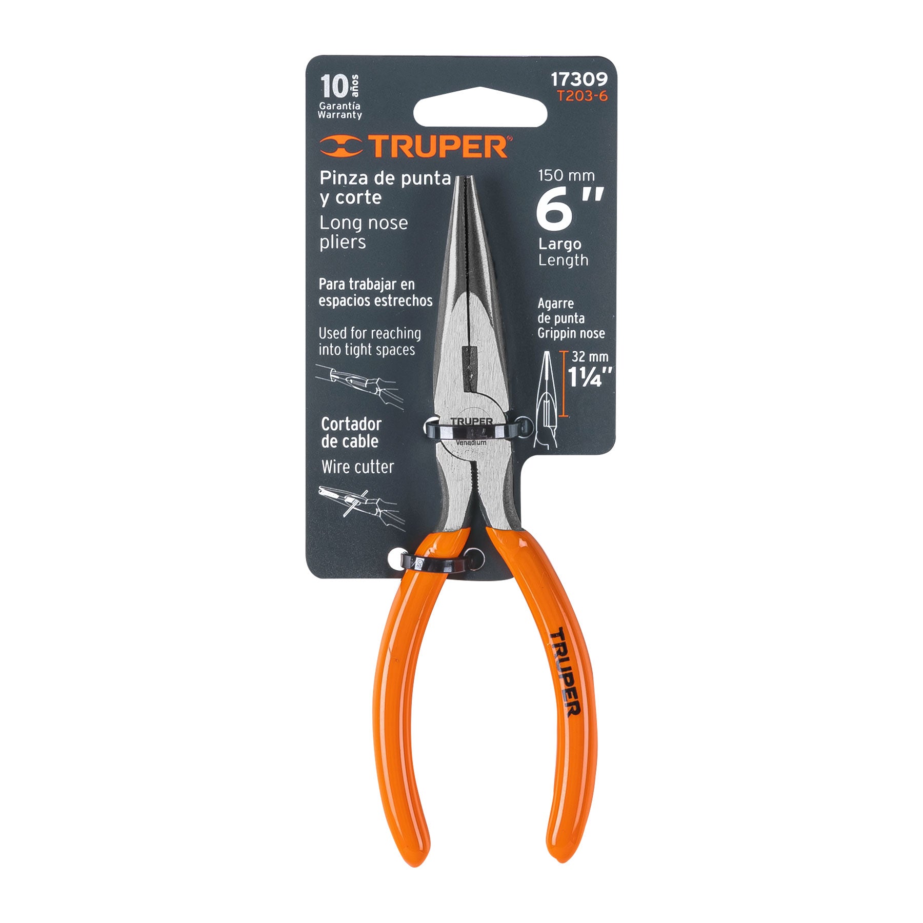 Pinza de punta y corte 6' mango de PVC, Truper T203-6 17309 MM00