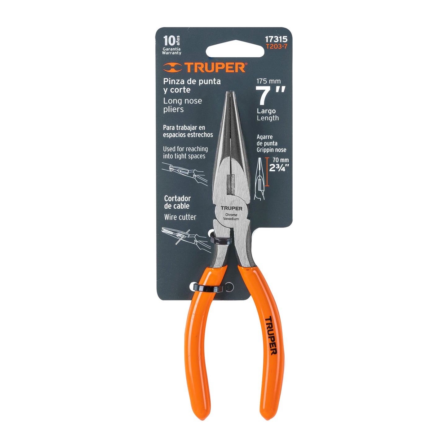 Pinza de punta y corte 7' mango de PVC, Truper T203-7 17315 MM00