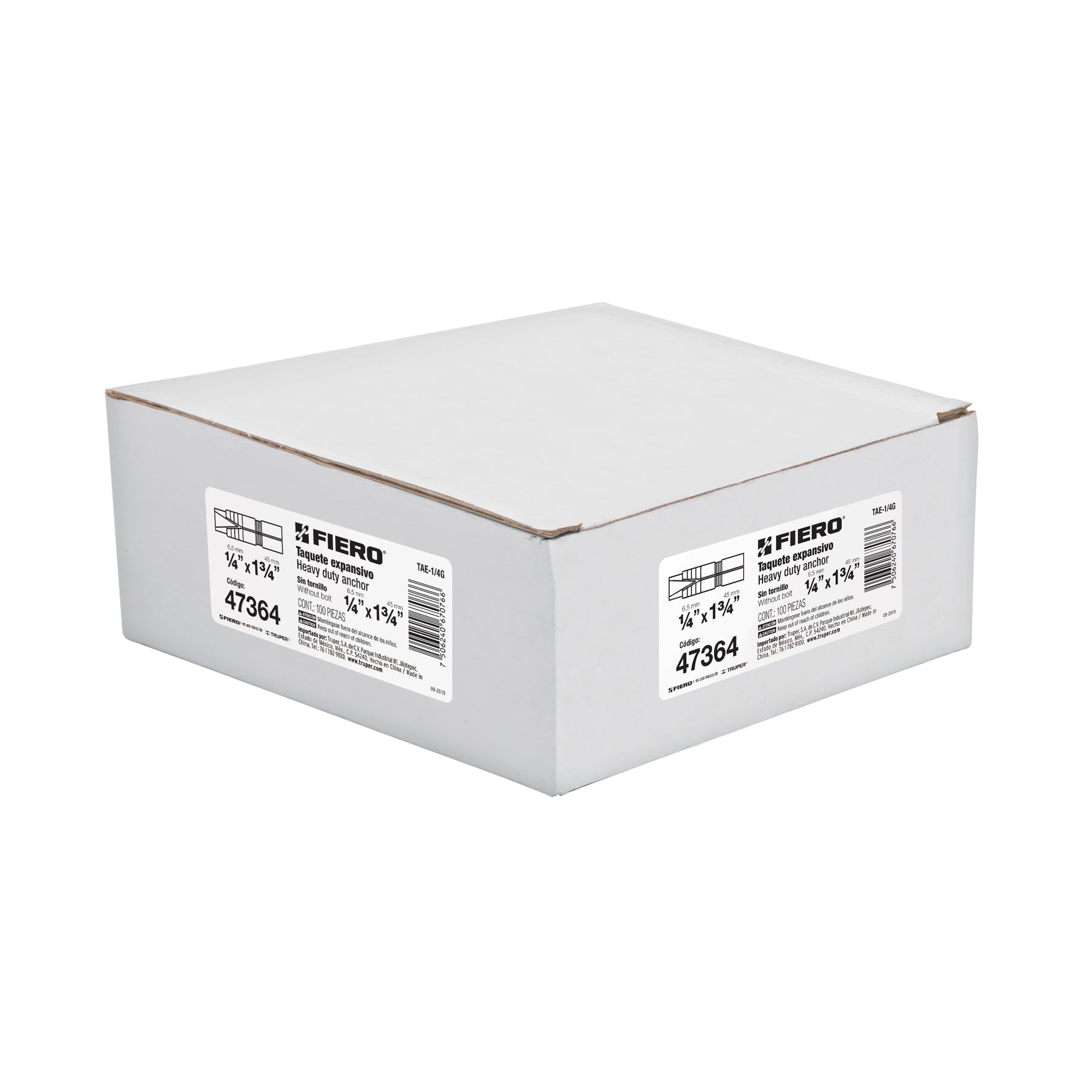 Caja con 100 taquetes expansivos de 1/4' sin tornillo, Fiero TAE-1/4G 47364 MM1