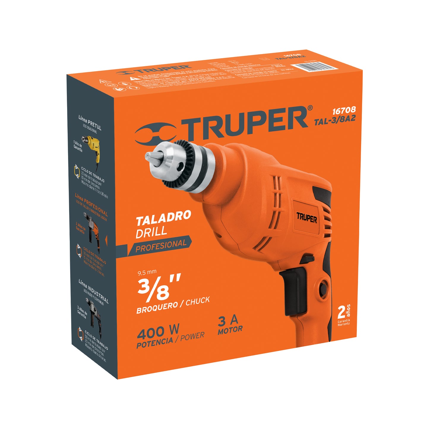 Taladro 3/8' 400 W, profesional, Truper TAL-3/8A2 16708 MM0