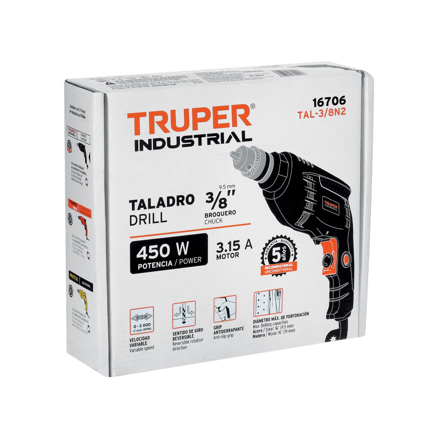 Taladro 3/8' 450 W, industrial, Truper TAL-3/8N2 16706 MM0