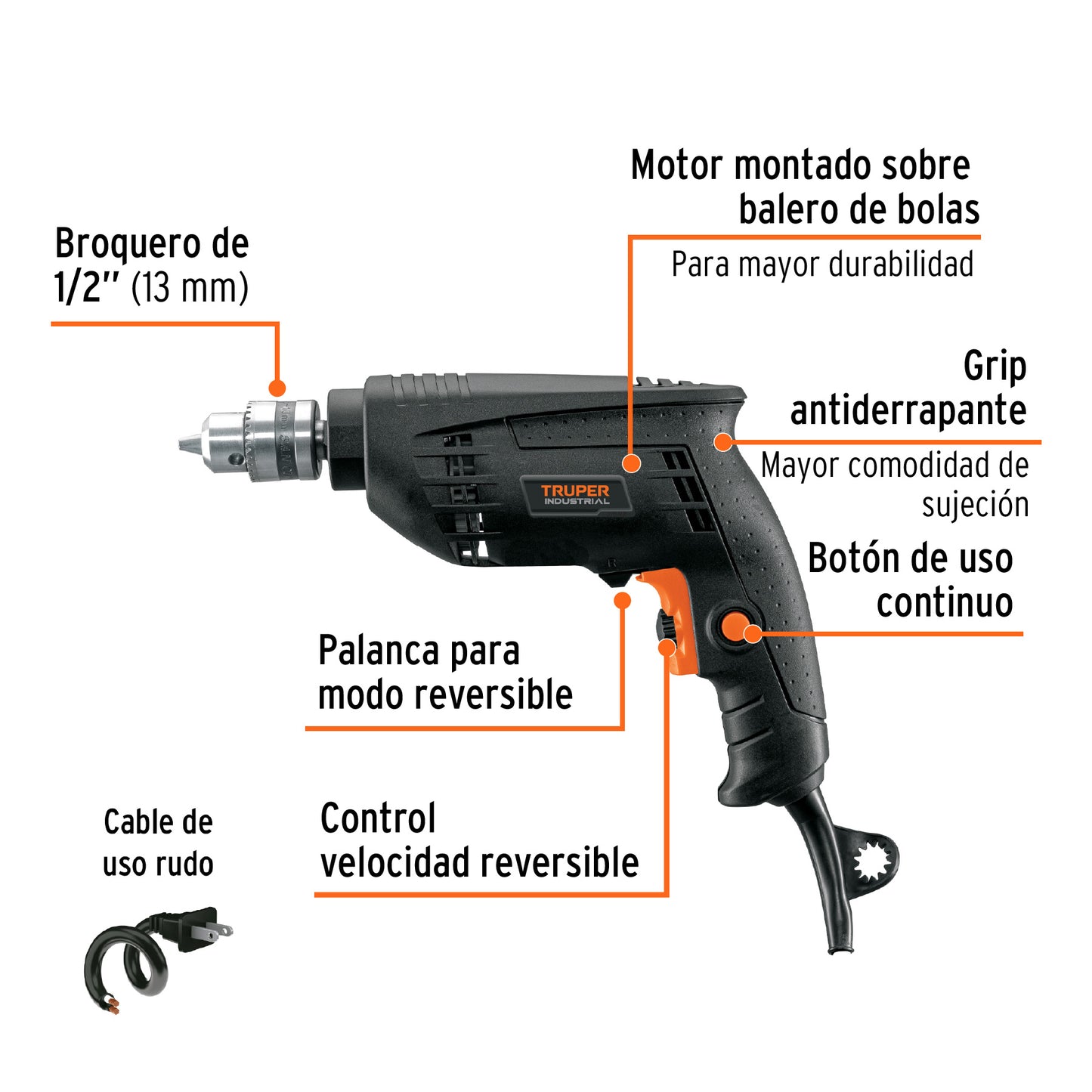 Taladro 3/8' 450 W, industrial, Truper TAL-3/8N2 16706 MM0