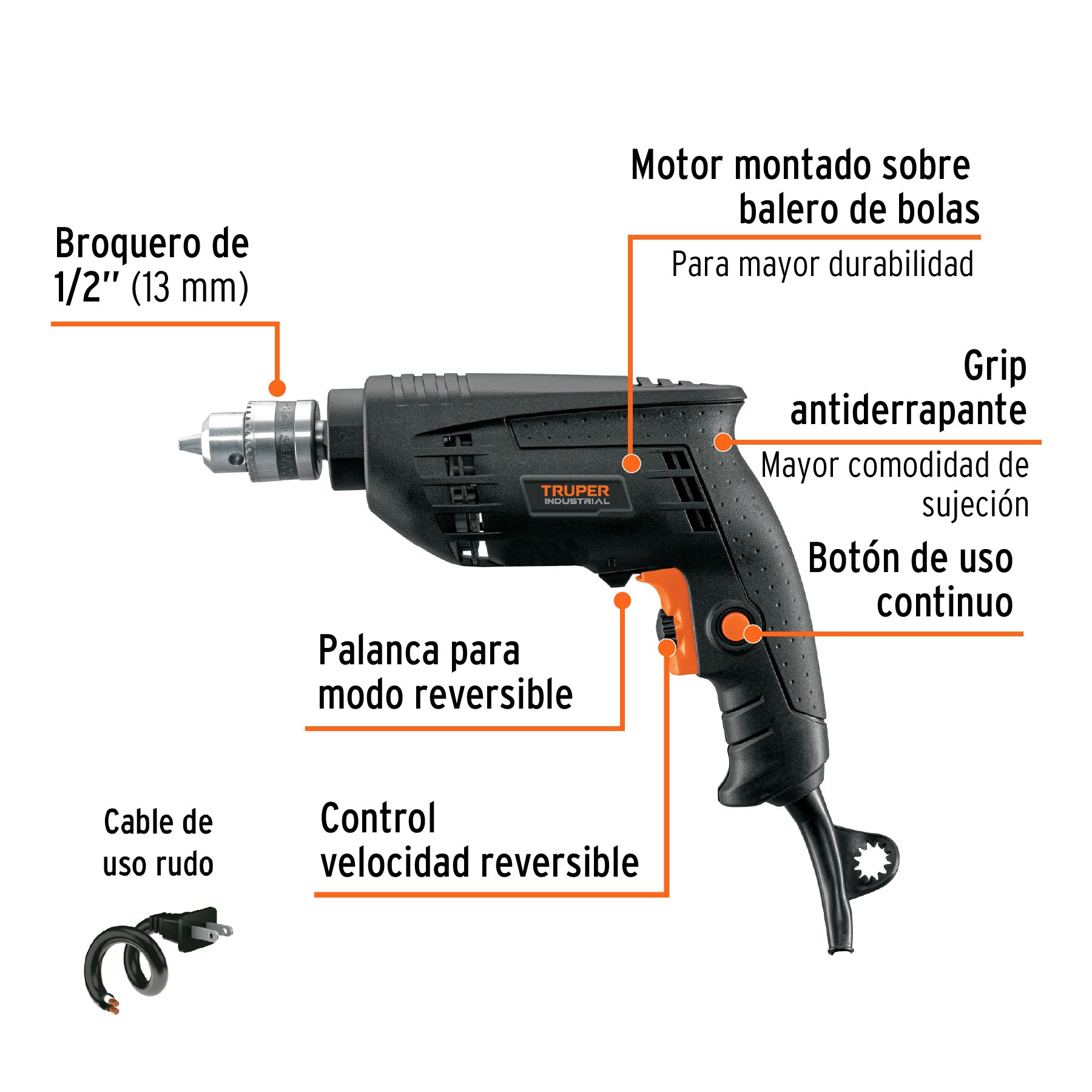 Taladro 3/8' 450 W, industrial, Truper TAL-3/8N2 16706 MM0