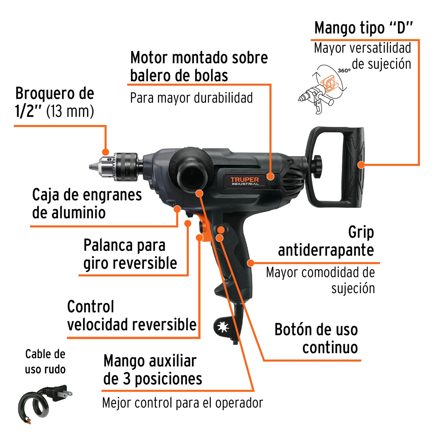 Taladro tipo espada 1/2' 1150 W, industrial, Truper TALE-1/2N 16714 MM0