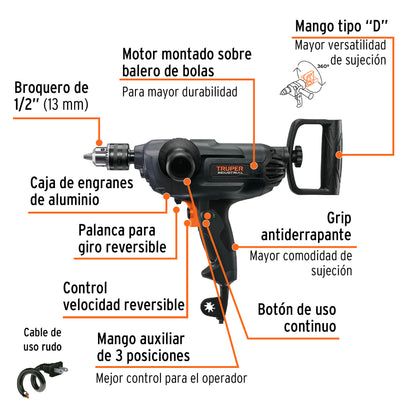 Taladro tipo espada 1/2' 1150 W, industrial, Truper TALE-1/2N 16714 MM0